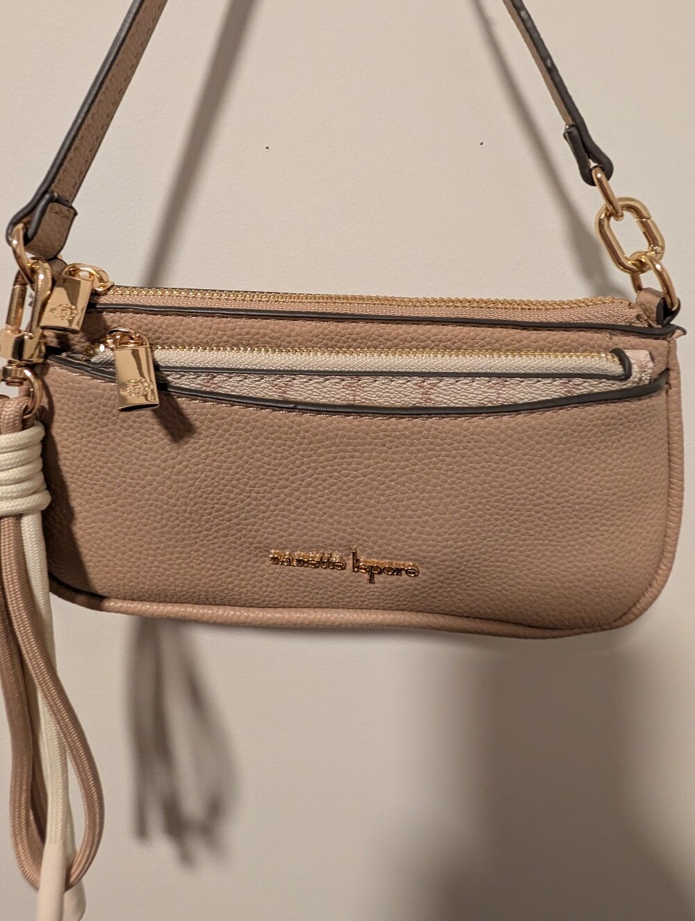 Nanette Lepore Beige Logo-Print Zip Wristlet